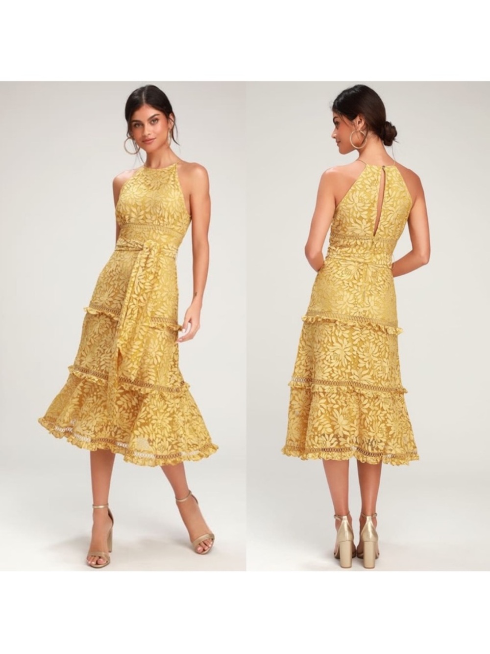 KEEPSAKE the Label Mustard Yellow Lace Halter Midi Dress